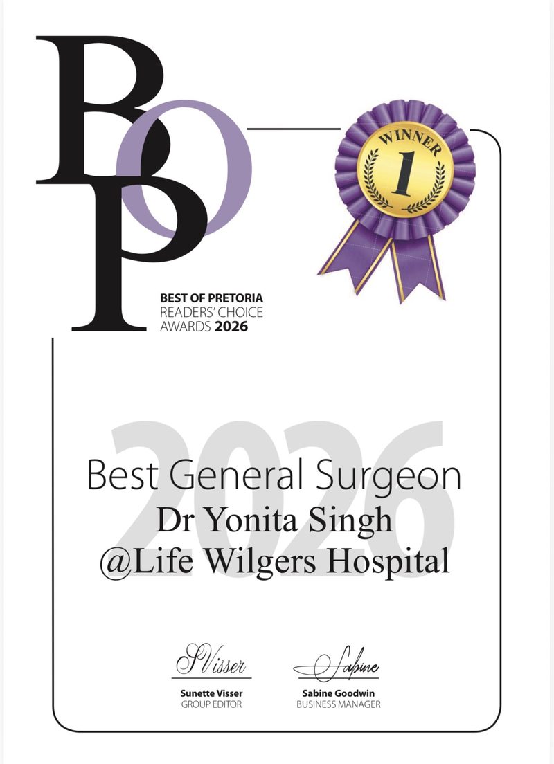 Award certificate: Best General Surgeon 2026, Dr Yonita Singh at Life Wilgers Hospital