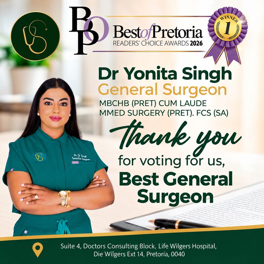 Dr Yonita Singh voted Best General Surgeon in Pretoria 2026